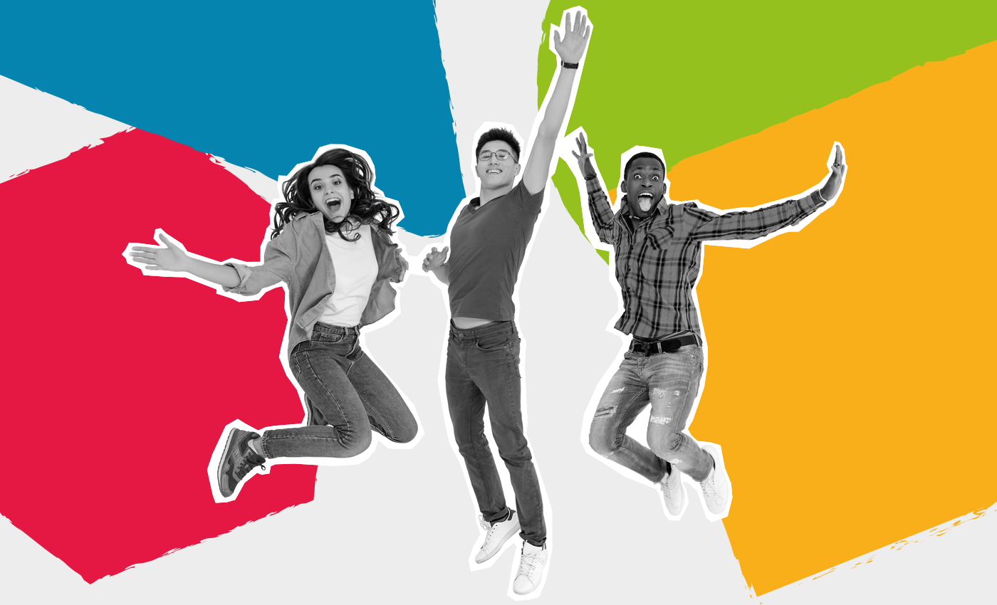 Powered by CAN cut out collage of energetic young people jumping in front of a colourful background